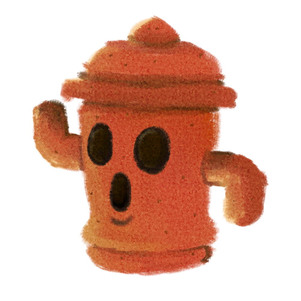 A Gyroid from animal crossing, it’s a small clay figure with round eyes and a round mouth, it’s a tan terracotta colour and has one arm facing up one arm facing down.